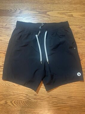 Vuori Black Athletic Shorts with Light Gray Drawstring